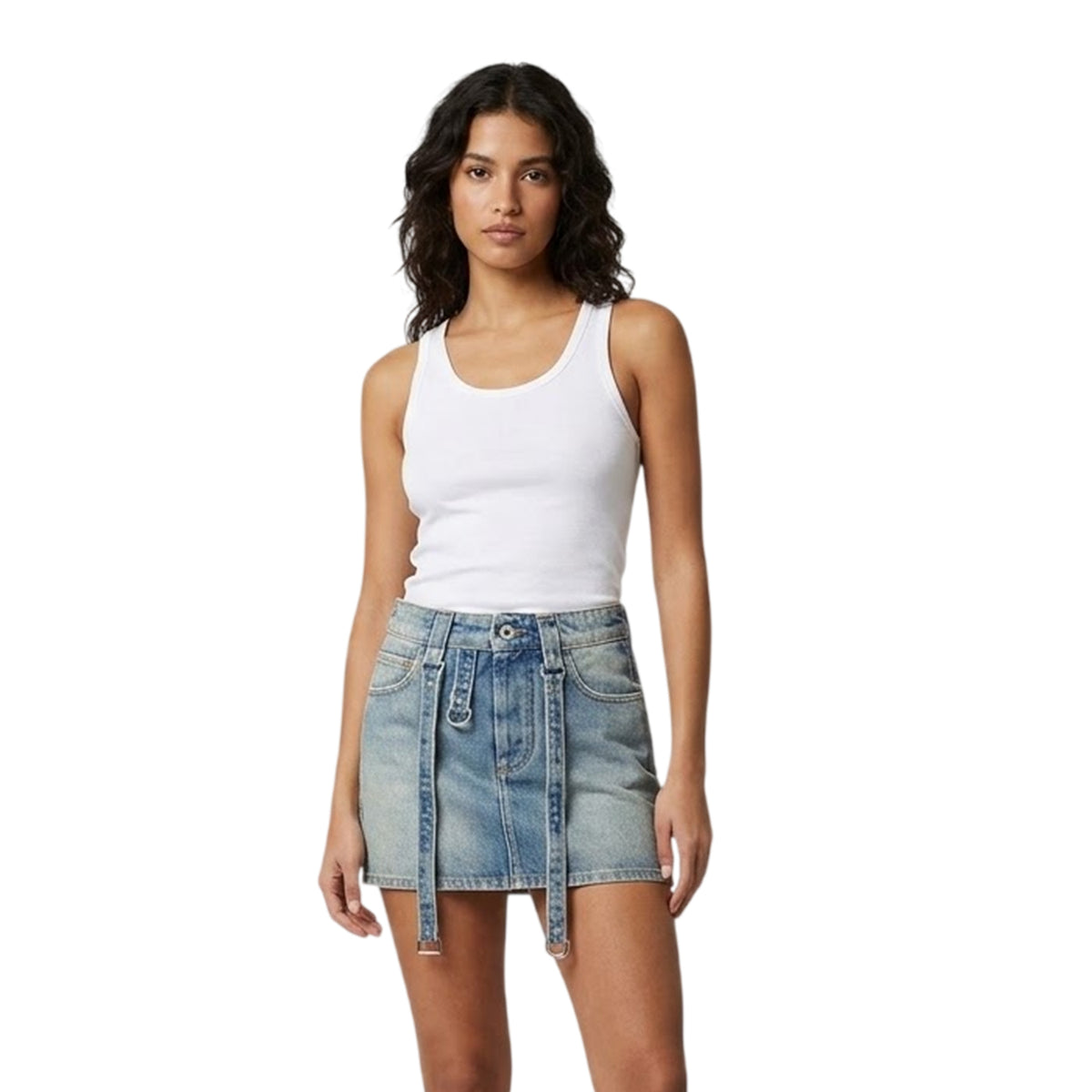 Vintage Blue - Side - Off-White Womens-Ladies Cargo Denim Mini Skirt