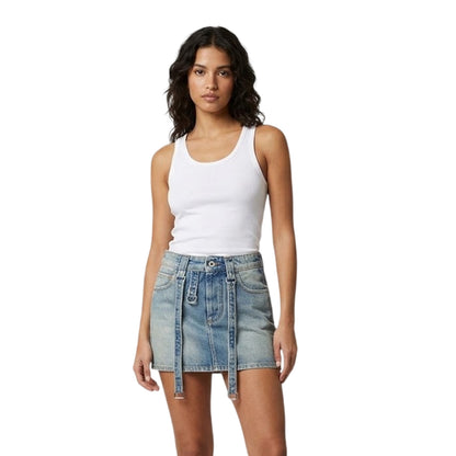 Vintage Blue - Side - Off-White Womens-Ladies Cargo Denim Mini Skirt