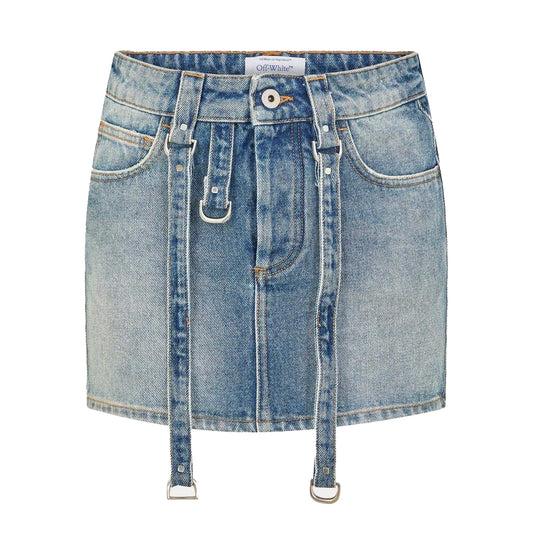 Vintage Blue - Front - Off-White Womens-Ladies Cargo Denim Mini Skirt