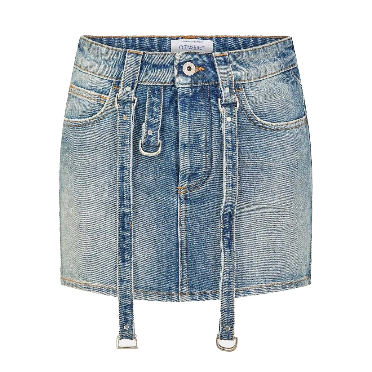 Vintage Blue - Front - Off-White Womens-Ladies Cargo Denim Mini Skirt