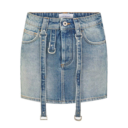 Vintage Blue - Front - Off-White Womens-Ladies Cargo Denim Mini Skirt