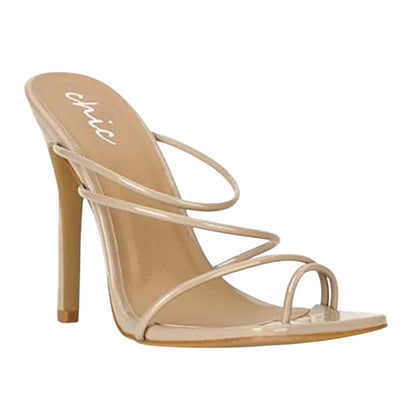 Nude - Front - Chic Womens-Ladies Strappy Patent Leather Toe Loop Sandals