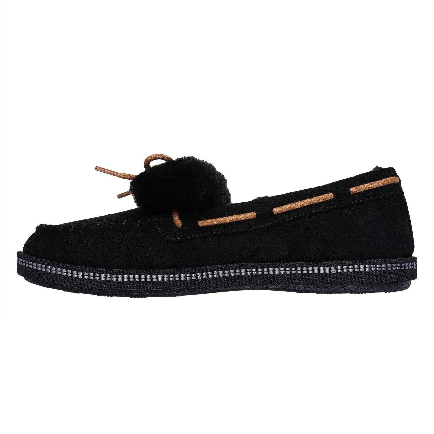 Black - Back - Skechers Womens-Ladies Bow Faux Fur Trim Moccasin Slippers