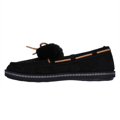 Black - Back - Skechers Womens-Ladies Bow Faux Fur Trim Moccasin Slippers