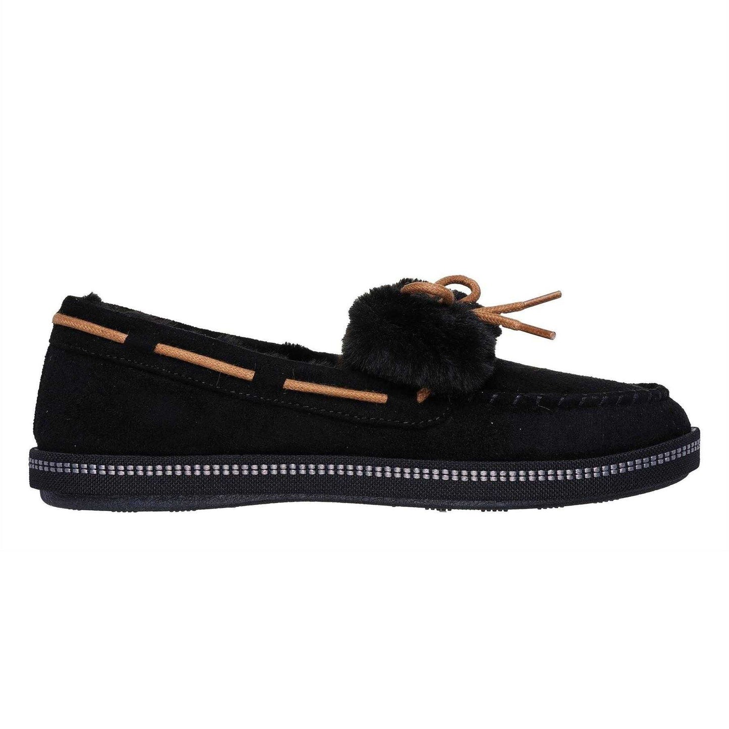Black - Side - Skechers Womens-Ladies Bow Faux Fur Trim Moccasin Slippers