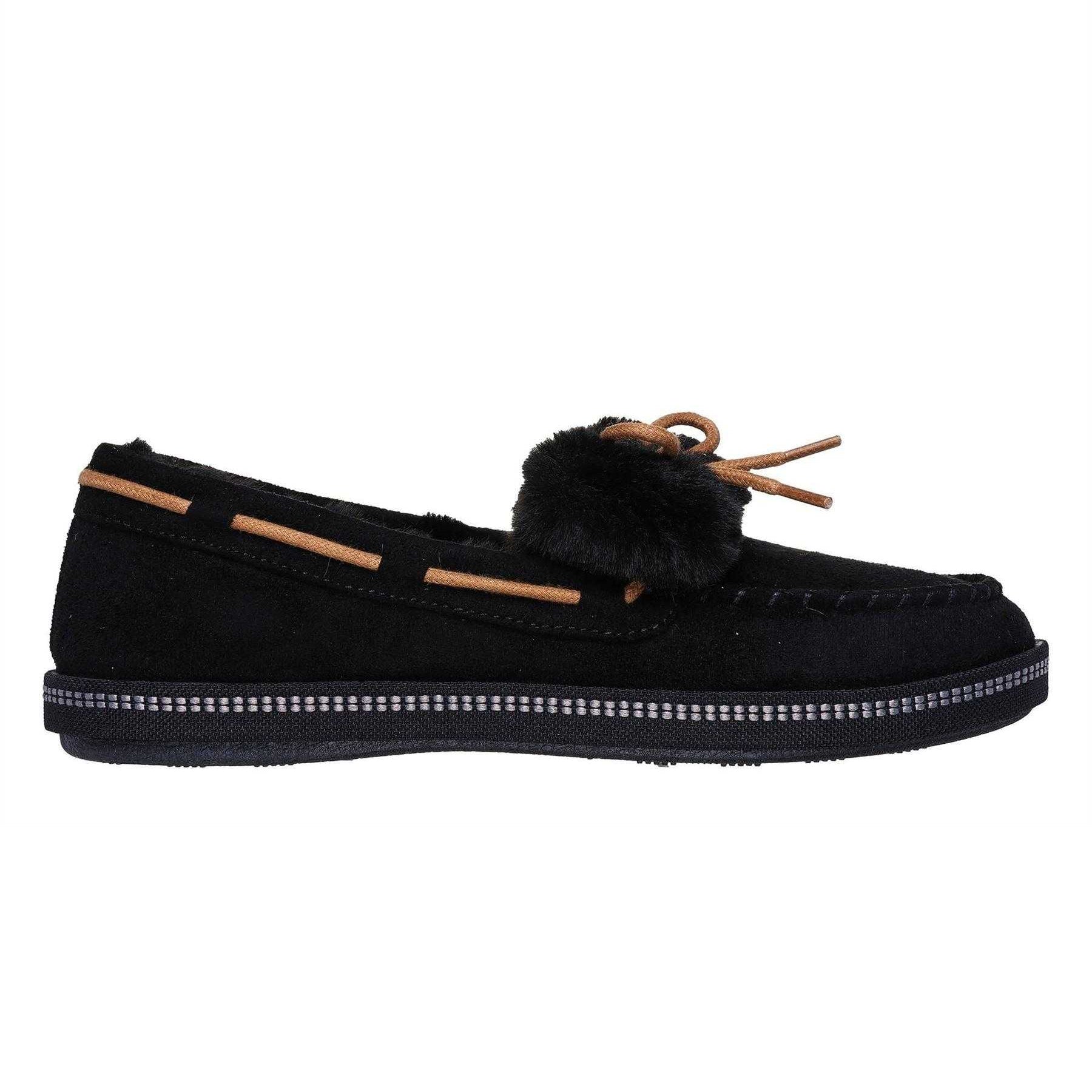 Black - Side - Skechers Womens-Ladies Bow Faux Fur Trim Moccasin Slippers