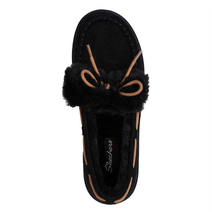 Black - Lifestyle - Skechers Womens-Ladies Bow Faux Fur Trim Moccasin Slippers