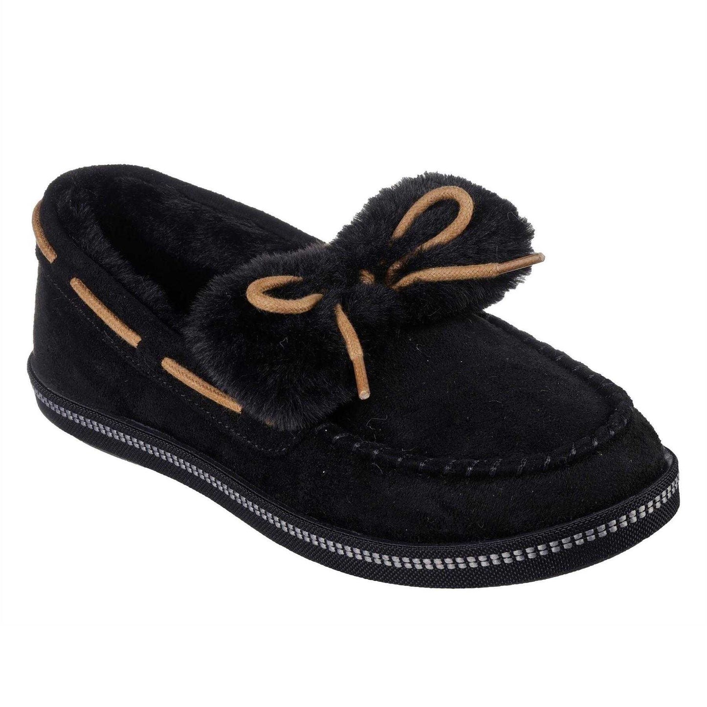 Black - Front - Skechers Womens-Ladies Bow Faux Fur Trim Moccasin Slippers