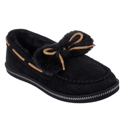 Black - Front - Skechers Womens-Ladies Bow Faux Fur Trim Moccasin Slippers
