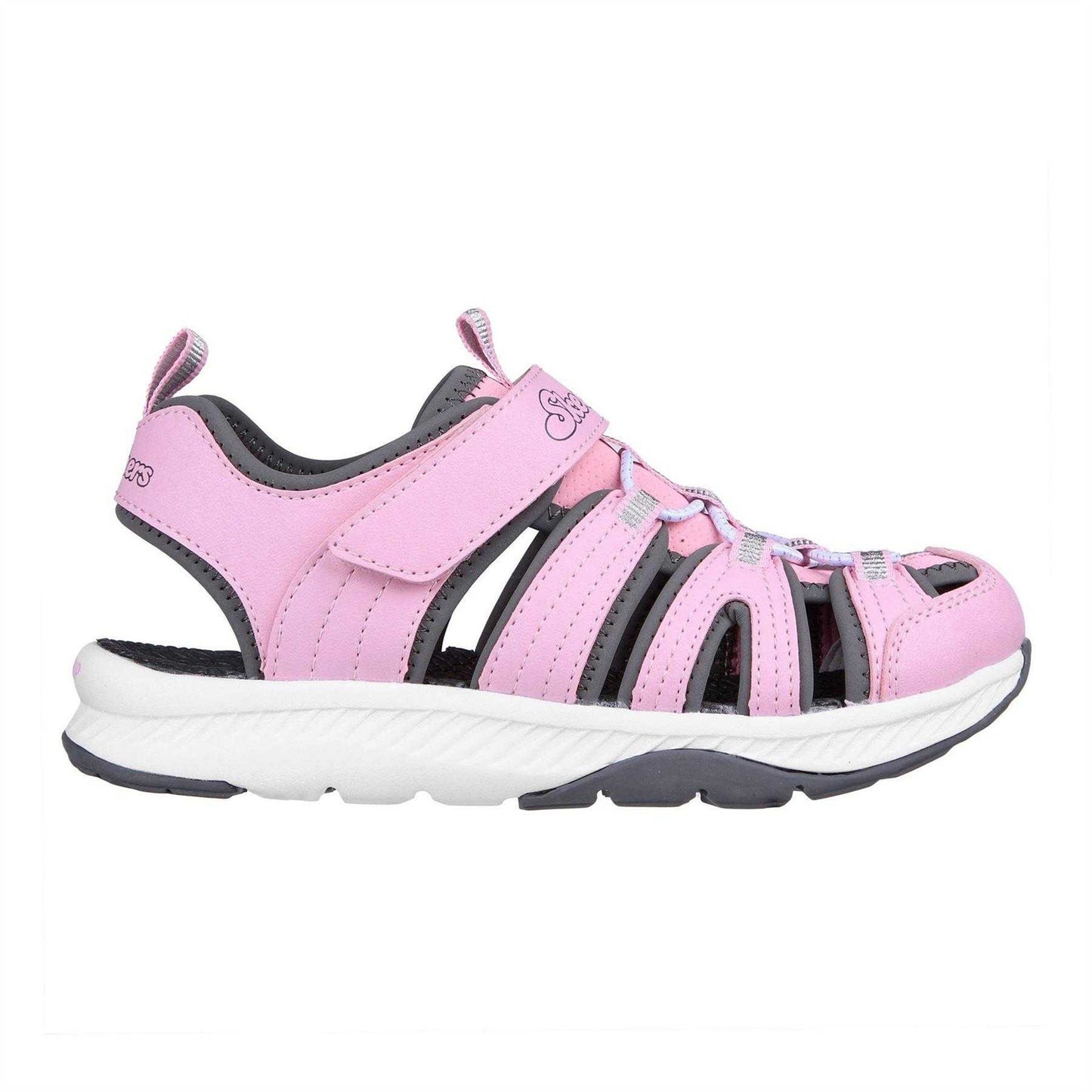 Pink-Grey - Side - Skechers Girls Cut Out Closed Toe Flat Sandals
