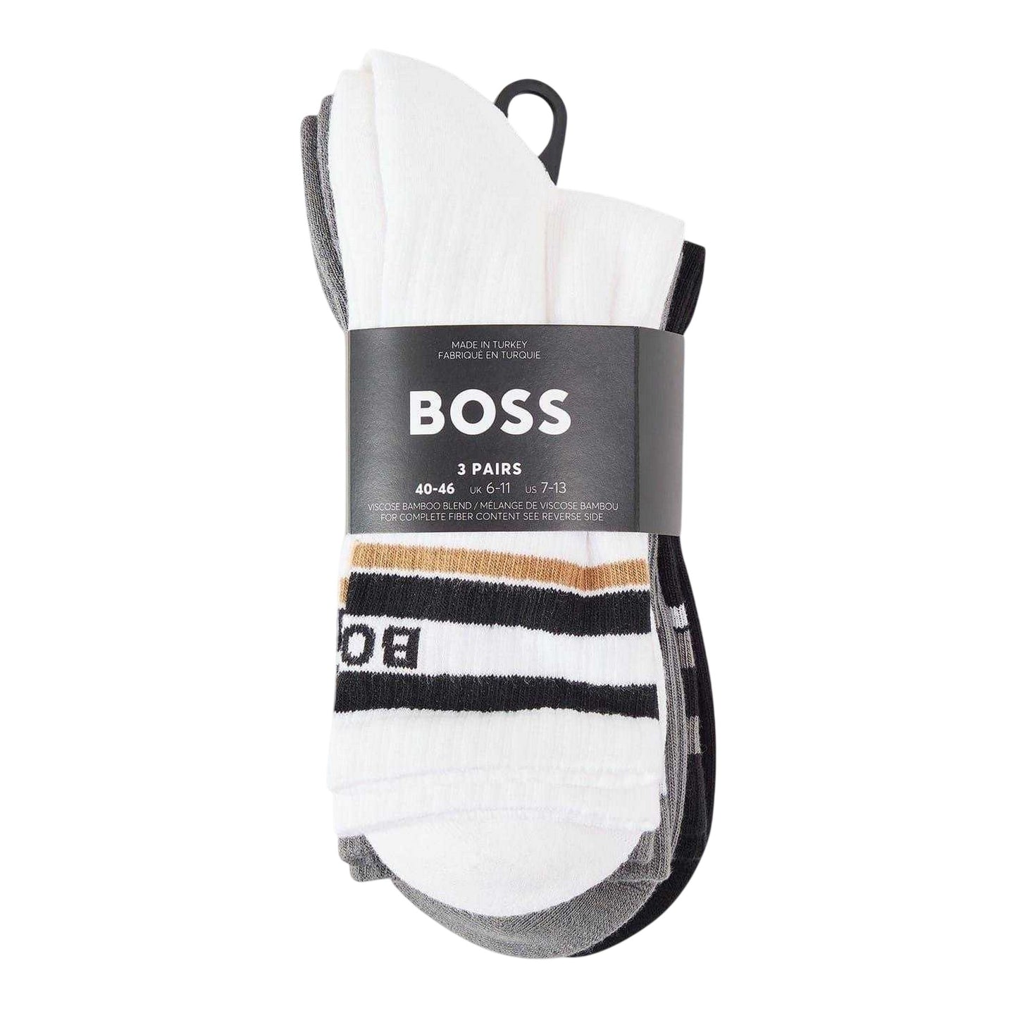 Black-Grey-White - Back - Boss Mens Contrast Striped Crew Socks (Pack of 3)