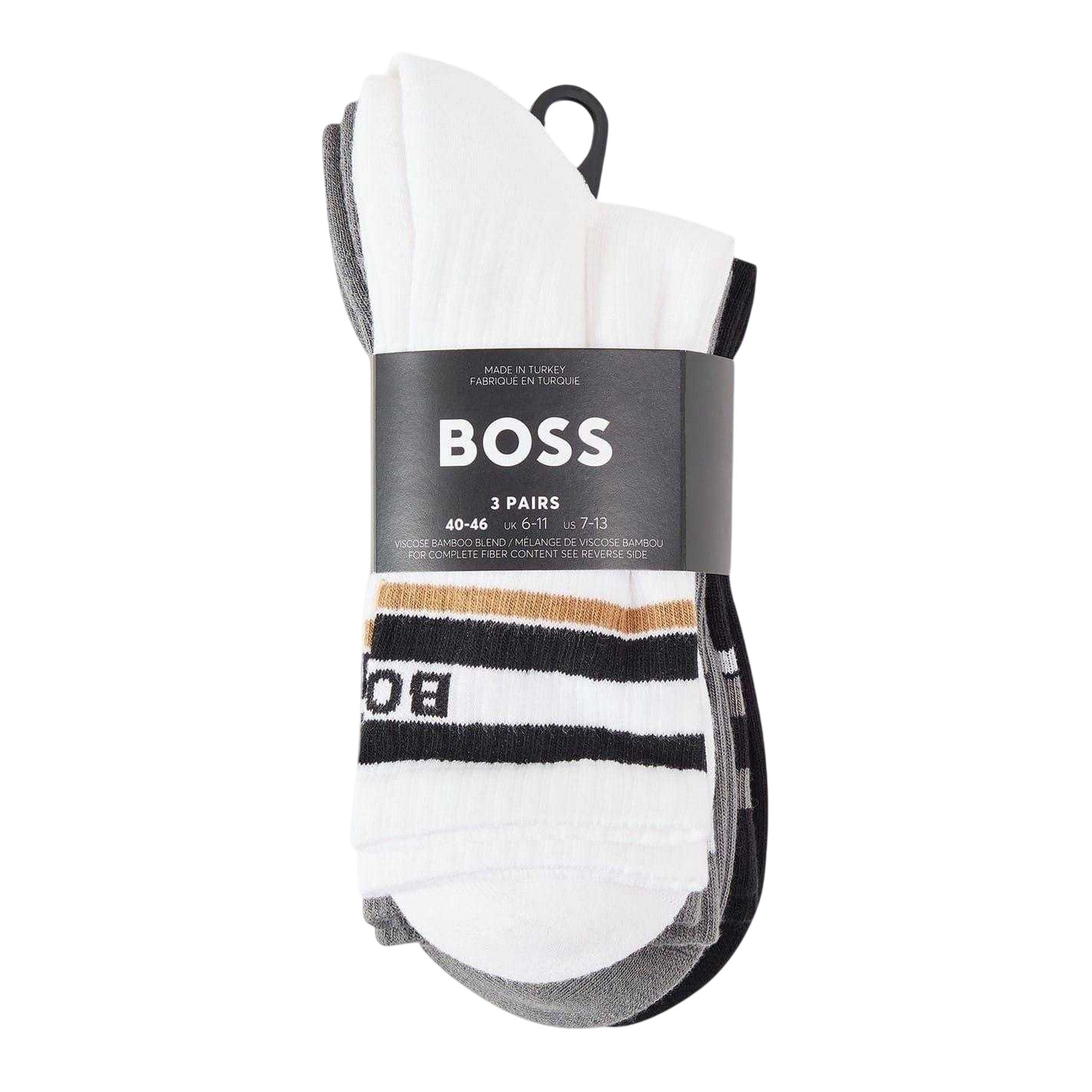 Black-Grey-White - Back - Boss Mens Contrast Striped Crew Socks (Pack of 3)