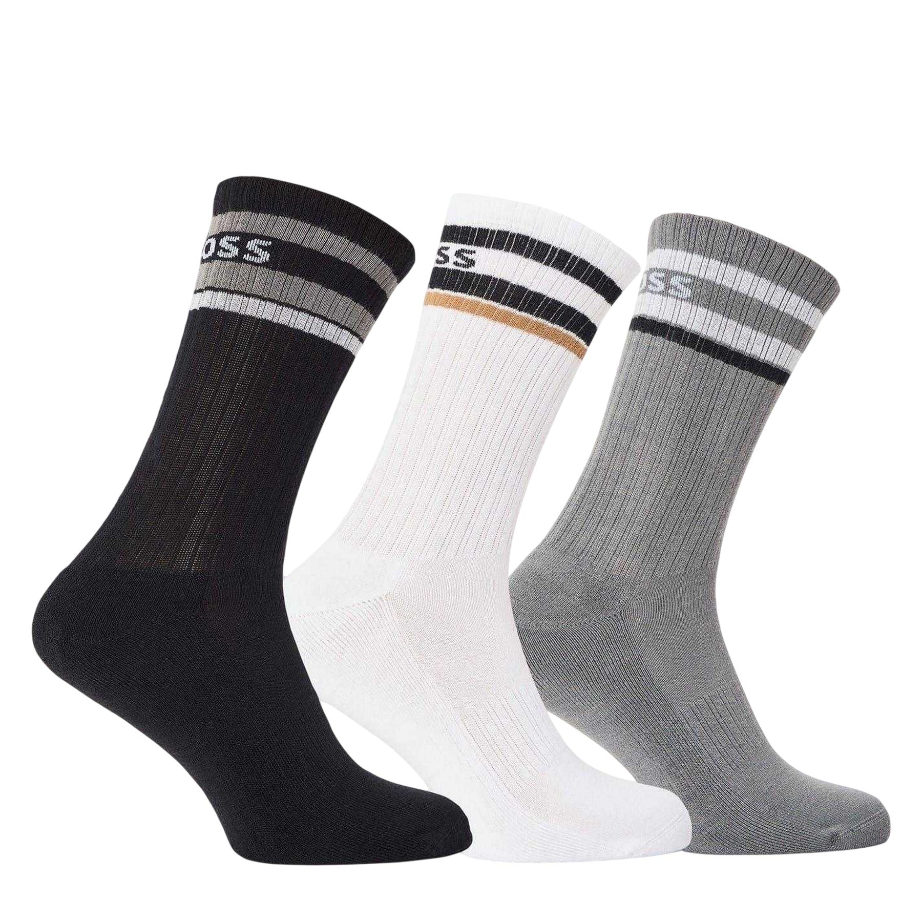 Black-Grey-White - Front - Boss Mens Contrast Striped Crew Socks (Pack of 3)