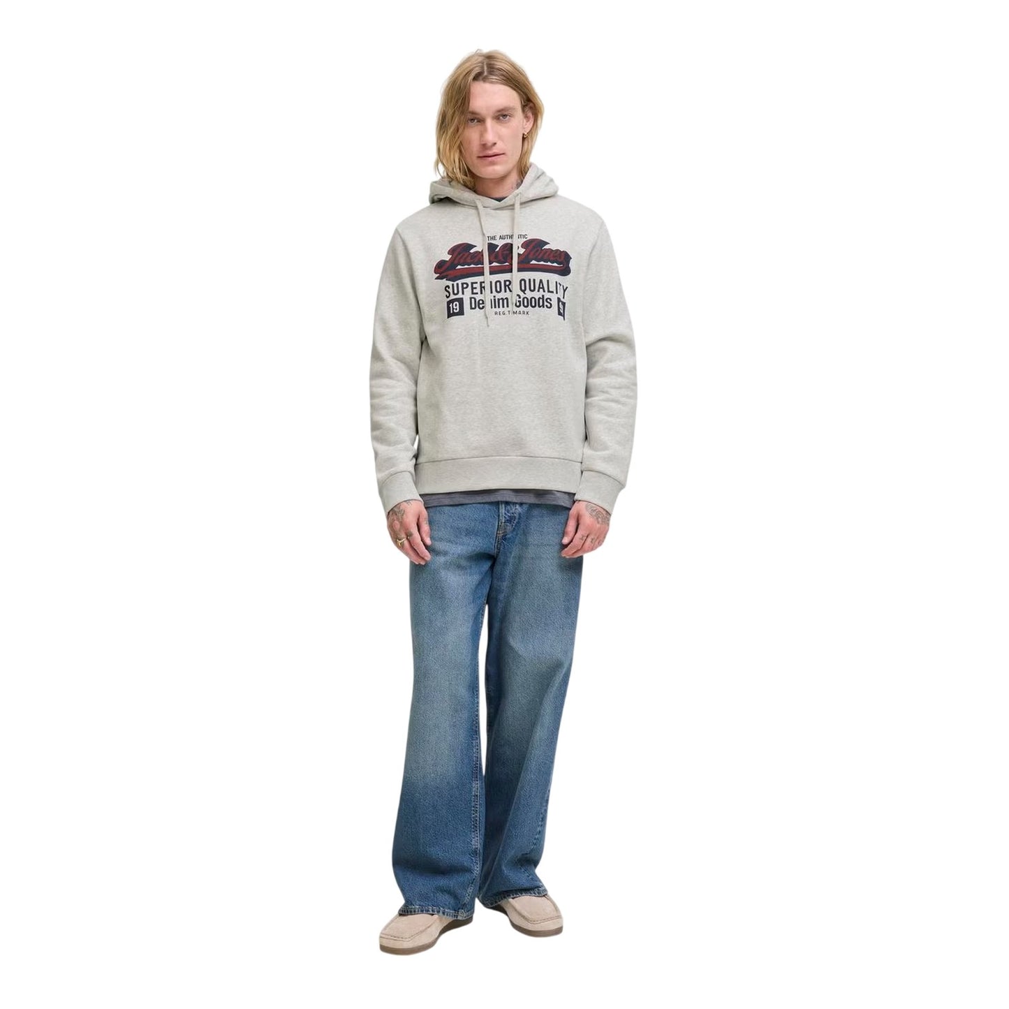 White Melange - Lifestyle - Jack And Jones Mens Denim Goods Hoodie
