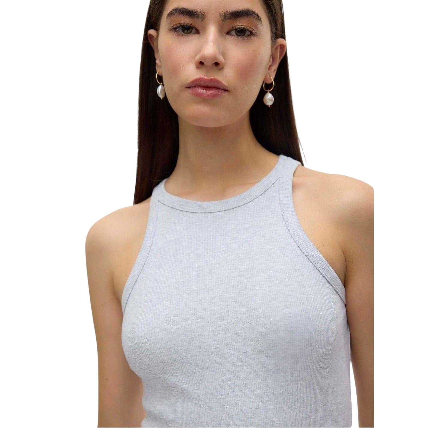 Light Grey Melange - Side - Vero Moda Womens-Ladies Ribbed Crew Neck Regular Tank Top