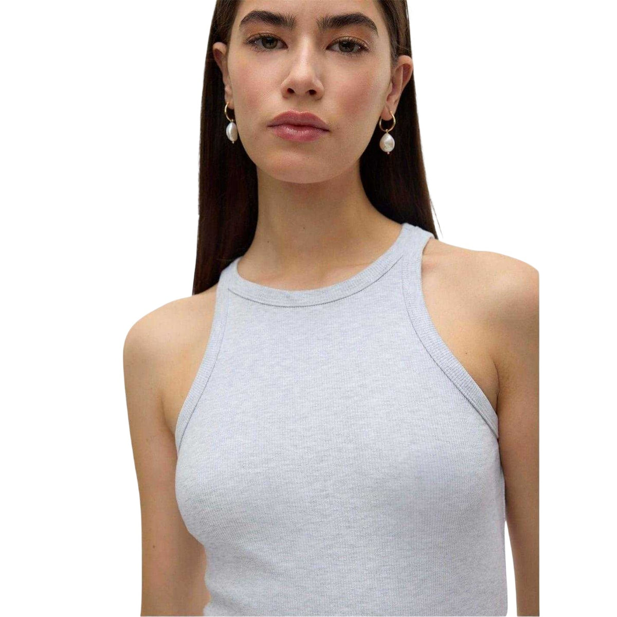 Light Grey Melange - Side - Vero Moda Womens-Ladies Ribbed Crew Neck Regular Tank Top