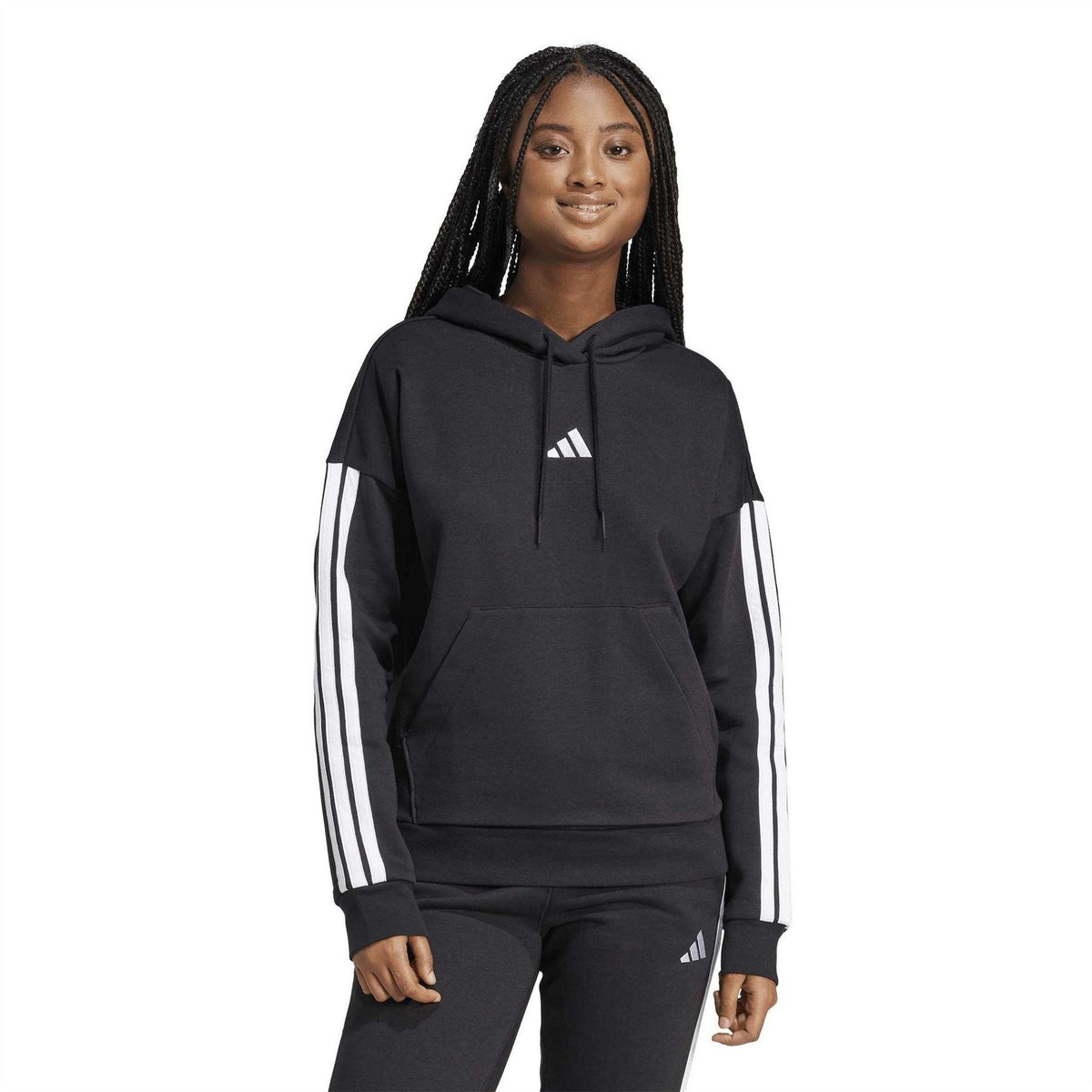 Black - Back - Adidas Womens-Ladies Fleece Drawstring Hoodie