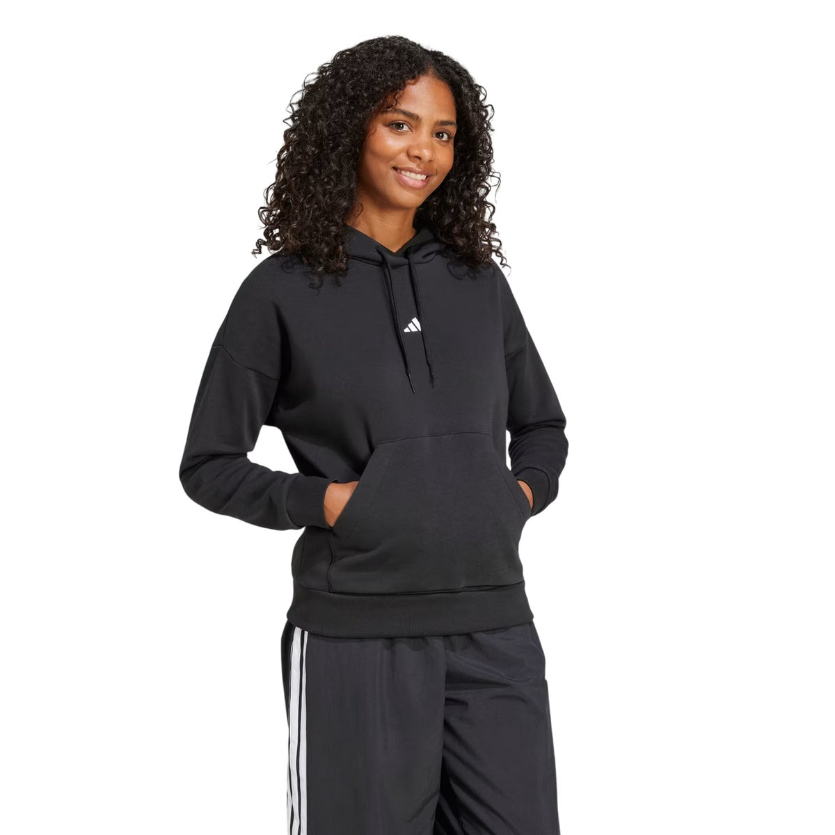 Black-White - Side - Adidas Womens-Ladies Fleece Drawstring Hoodie