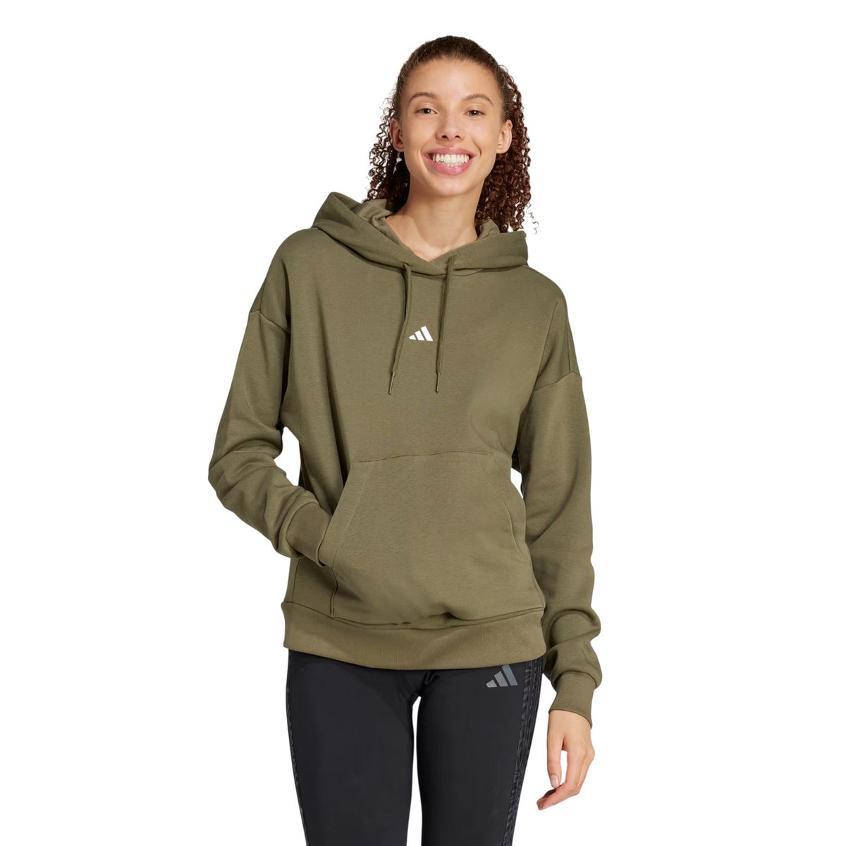 Olive - Side - Adidas Womens-Ladies Fleece Drawstring Hoodie