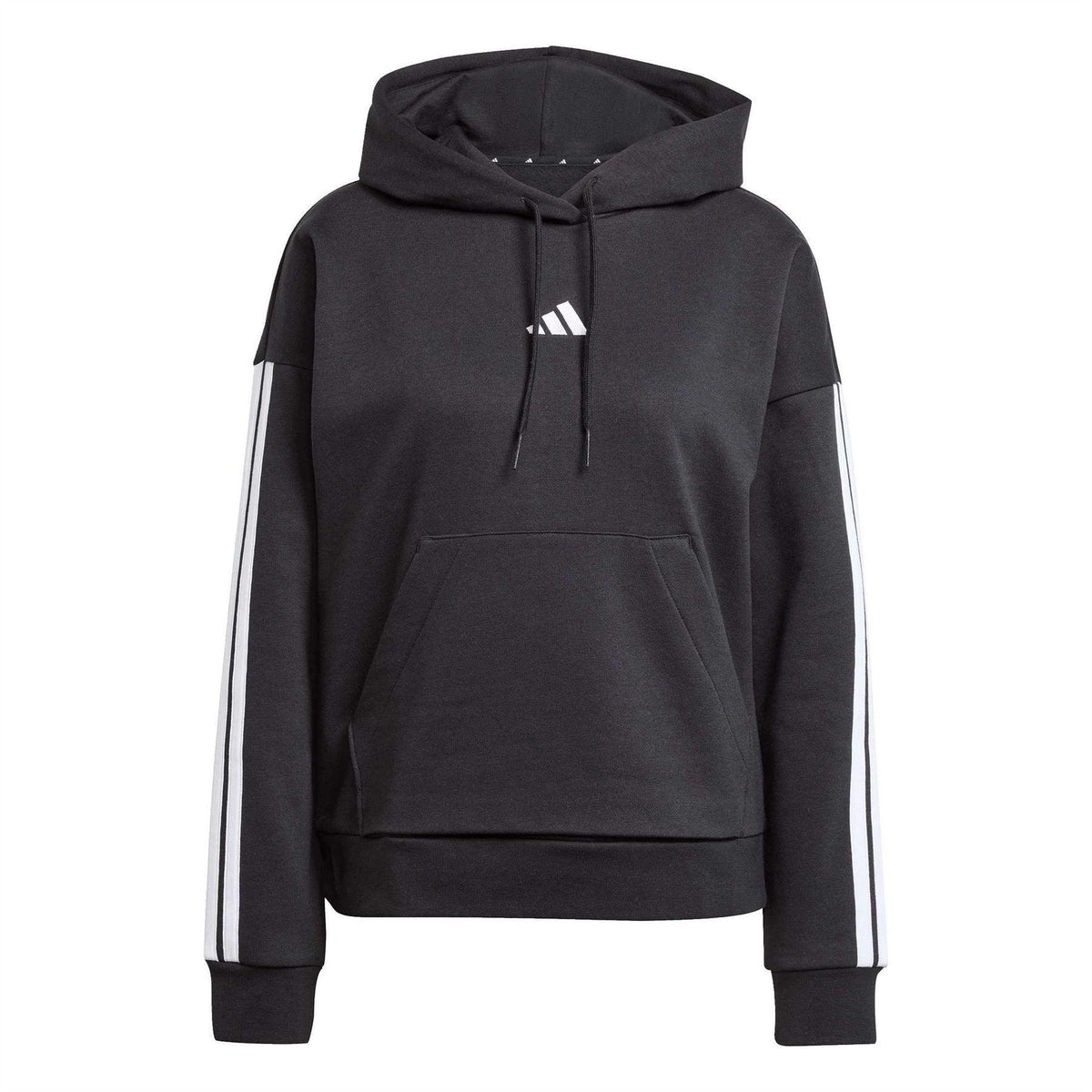 Black - Front - Adidas Womens-Ladies Fleece Drawstring Hoodie