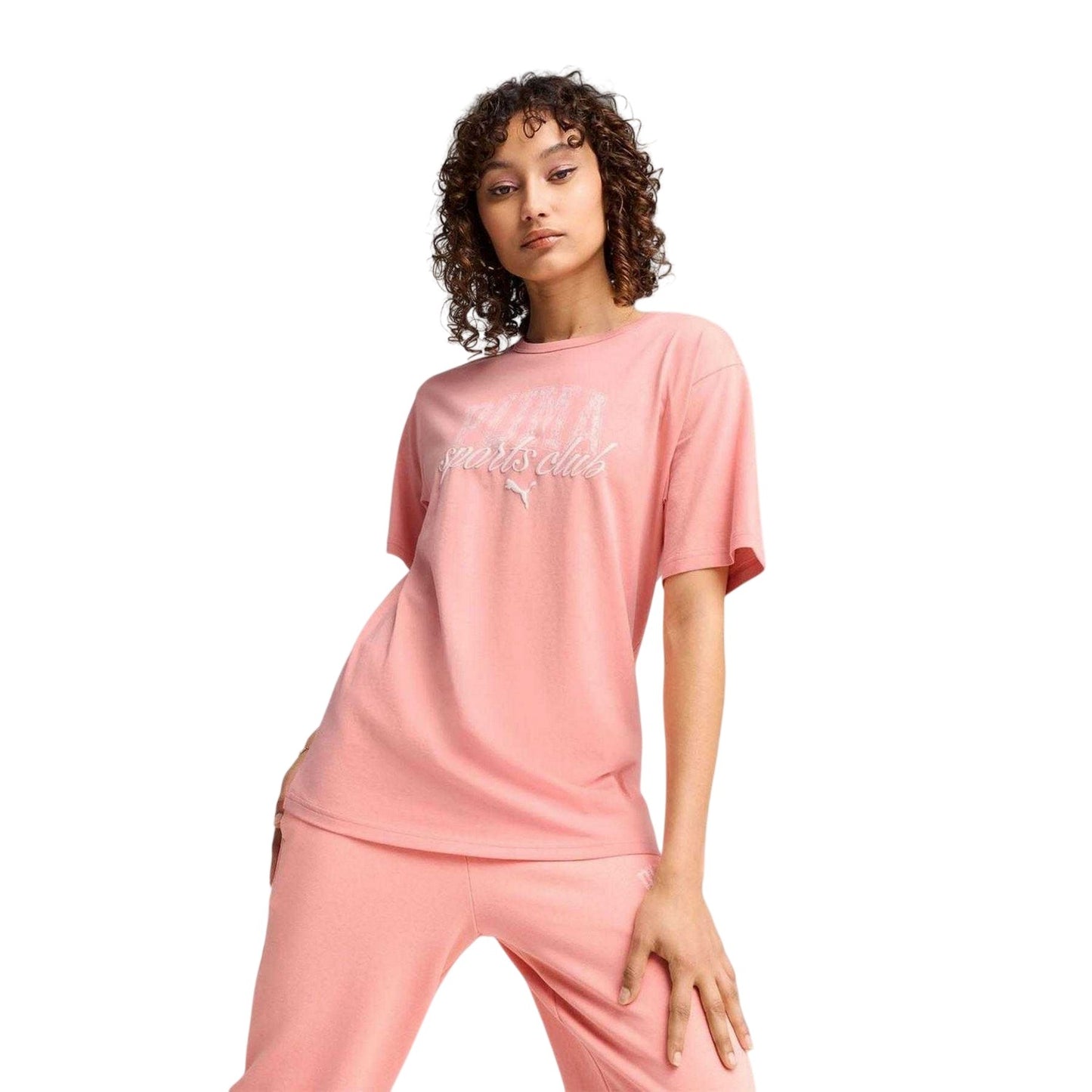 Pink - Side - Puma Womens-Ladies Logo Cotton Relaxed Fit T-Shirt