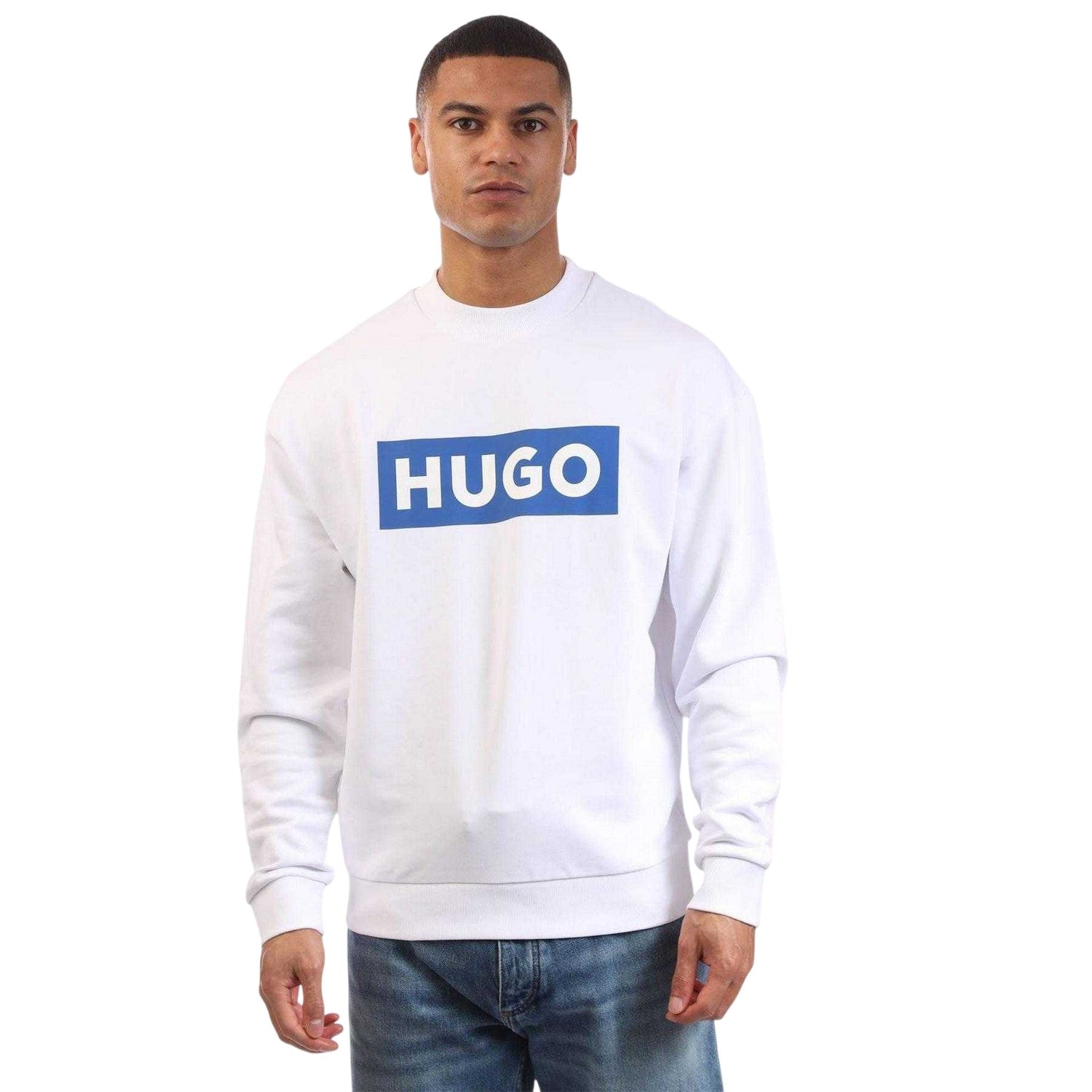 White - Side - Hugo Mens Logo Crew Neck Sweatshirt