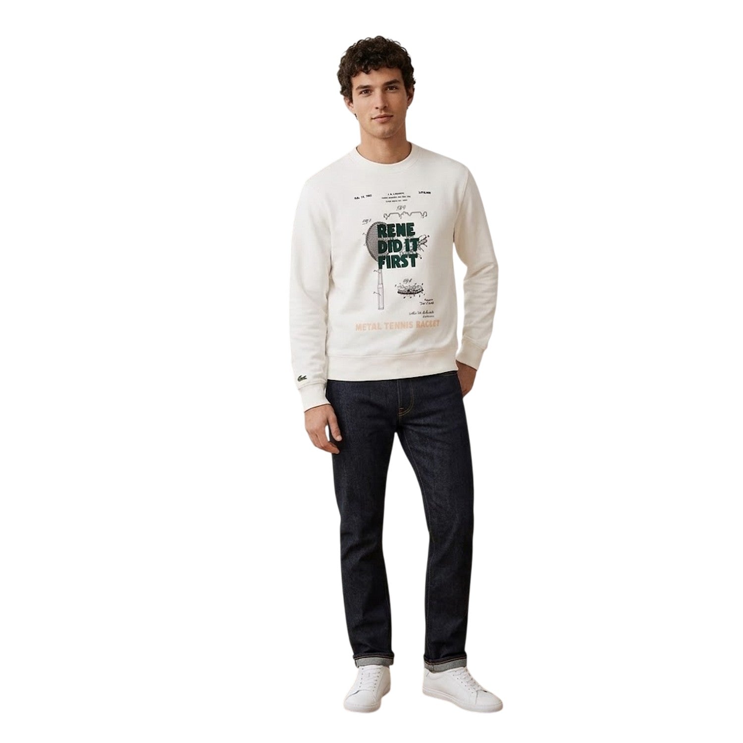 Cream - Side - Lacoste Mens Patent Print Pique Sweatshirt