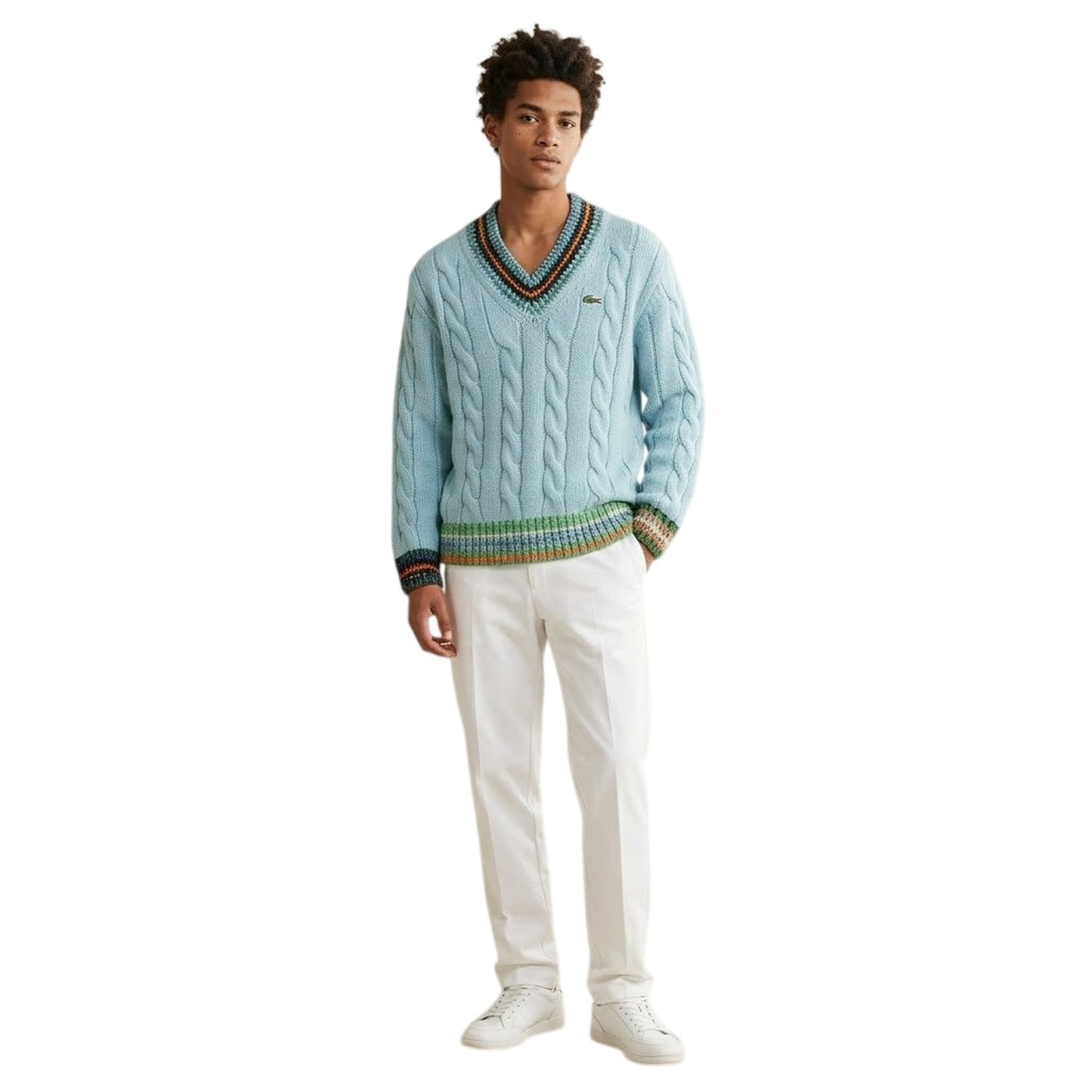 Turquoise - Back - Lacoste Mens Embroidered Logo Cable Knit V Neck Sweatshirt