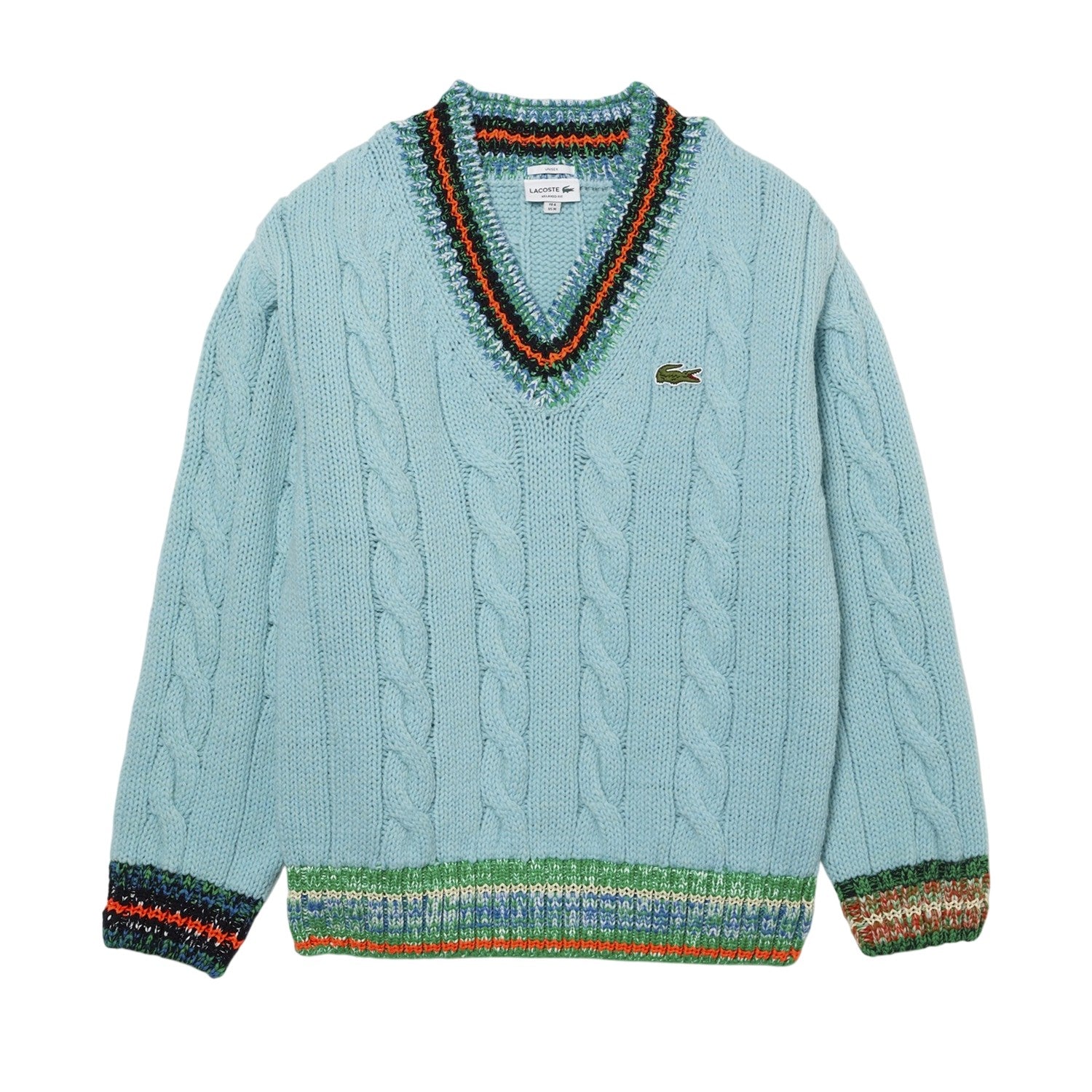 Turquoise - Front - Lacoste Mens Embroidered Logo Cable Knit V Neck Sweatshirt
