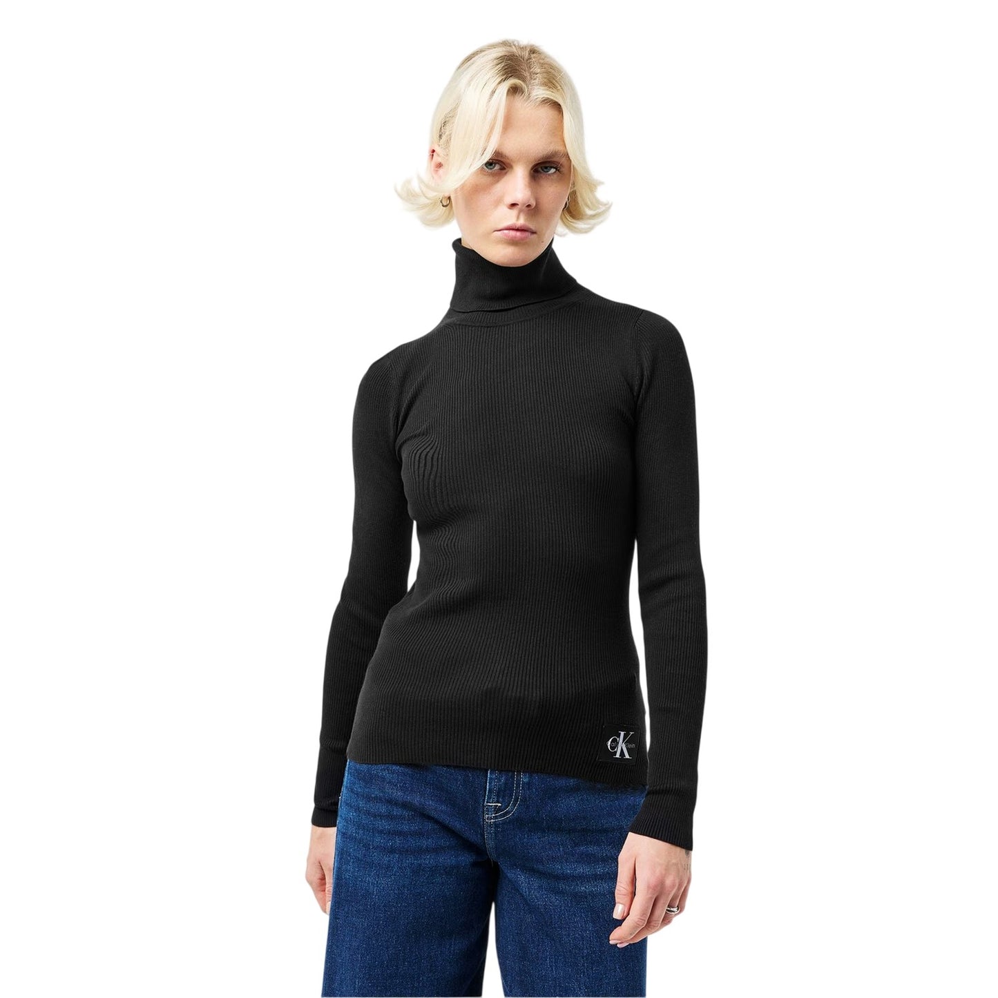 Black - Side - Calvin Klein Womens-Ladies Turtle Neck Slim Long-Sleeved Sweater Top