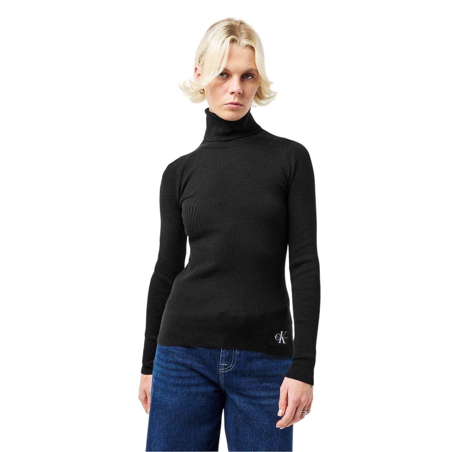 Black - Side - Calvin Klein Womens-Ladies Turtle Neck Slim Long-Sleeved Sweater Top
