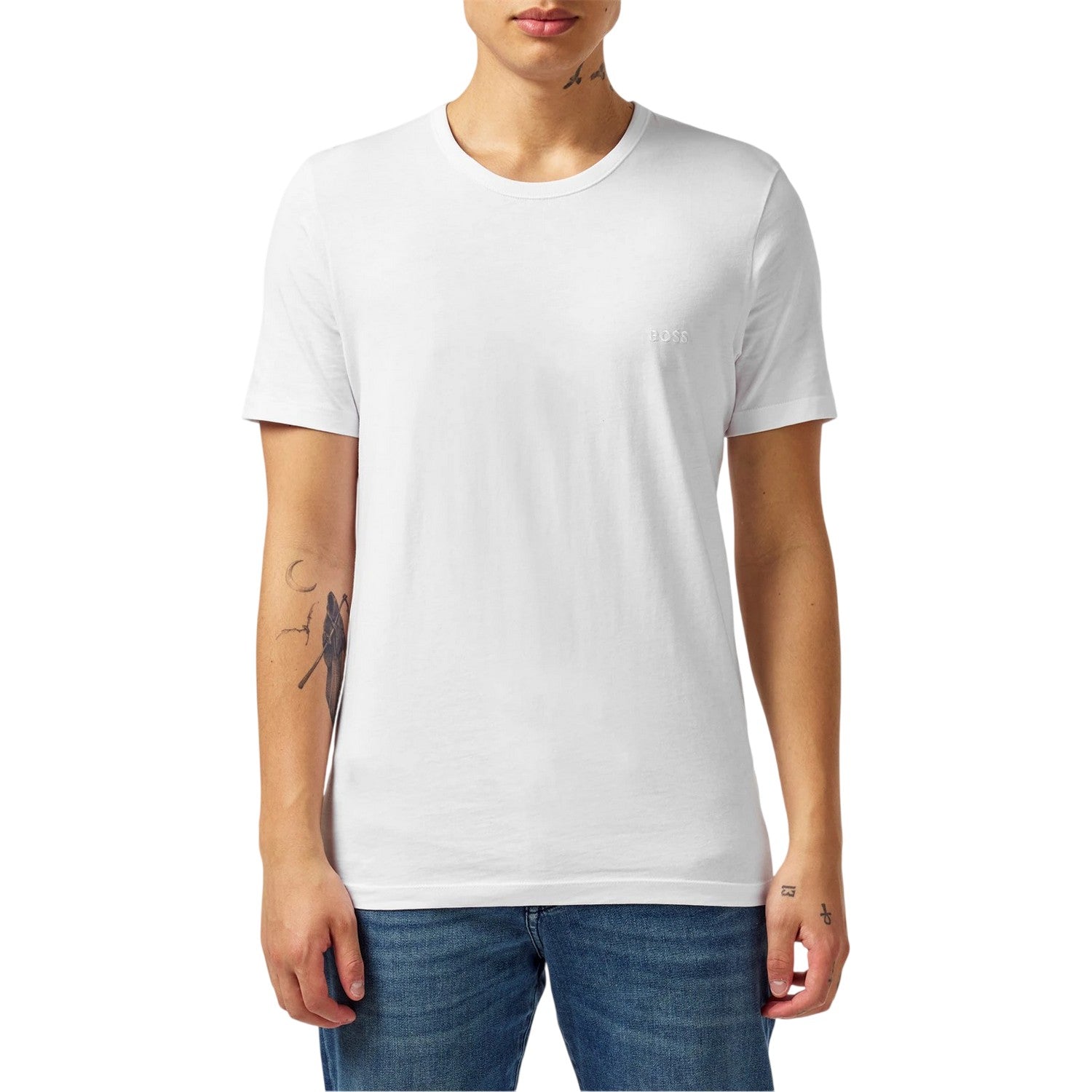 White - Side - Boss Mens Embroidered Logo Crew Neck T-Shirt (Pack of 3)
