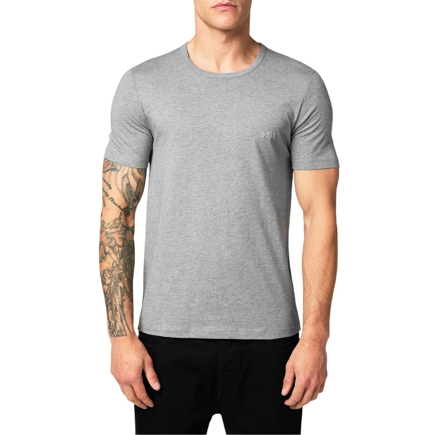 White-Black-Grey - Side - Boss Mens Embroidered Logo Crew Neck T-Shirt (Pack of 3)