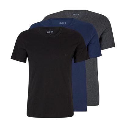 Black-Navy-Charcoal Grey - Front - Boss Mens Embroidered Logo Crew Neck T-Shirt (Pack of 3)