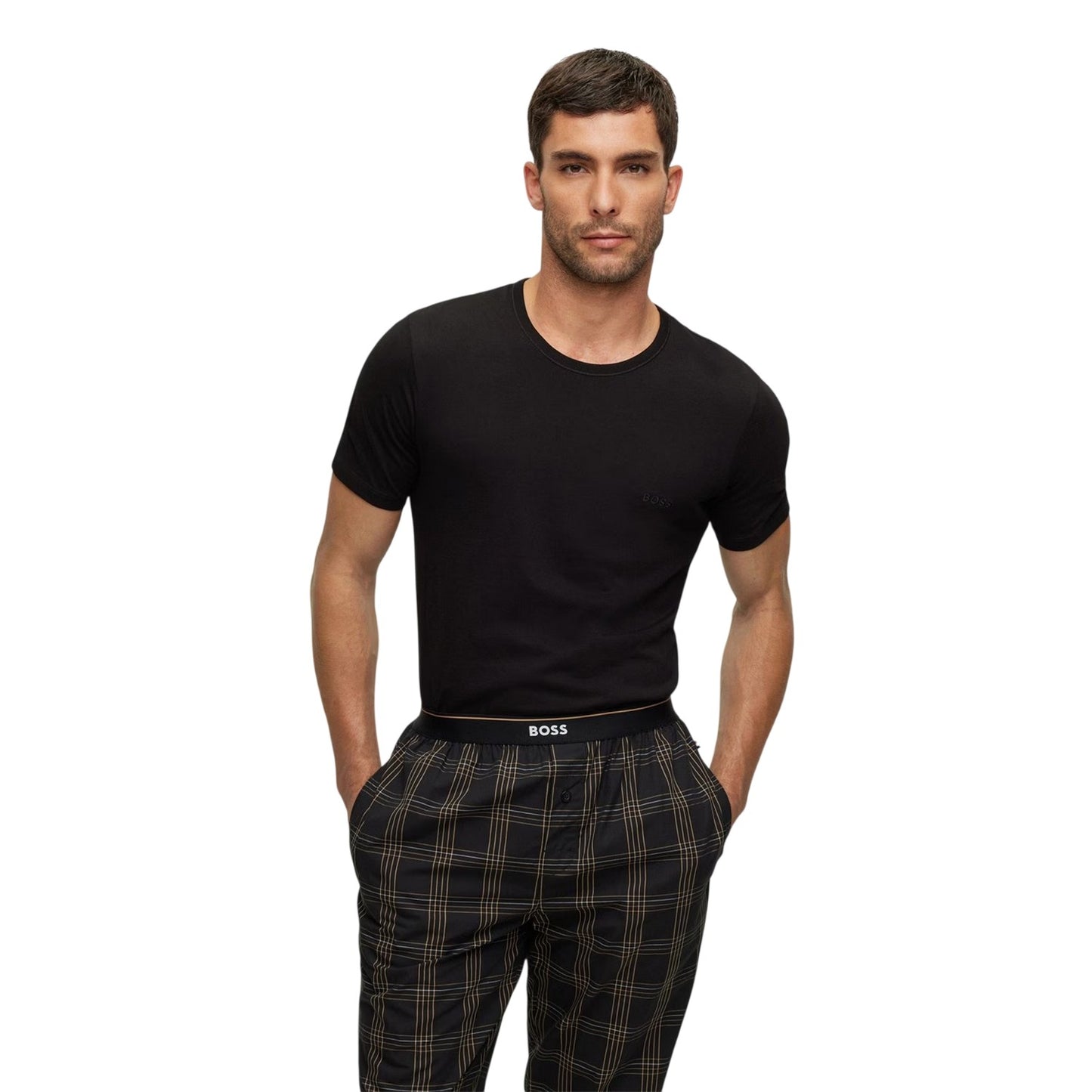 Black-Navy-Charcoal Grey - Side - Boss Mens Embroidered Logo Crew Neck T-Shirt (Pack of 3)