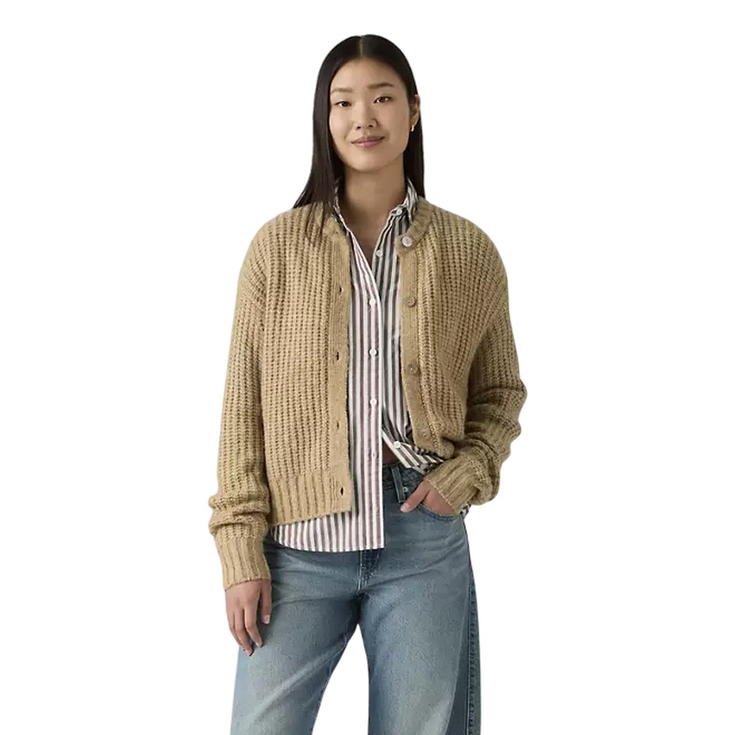 Caramel Heather - Side - Levis Womens-Ladies Luna Crew Neck Long-Sleeved Cardigan