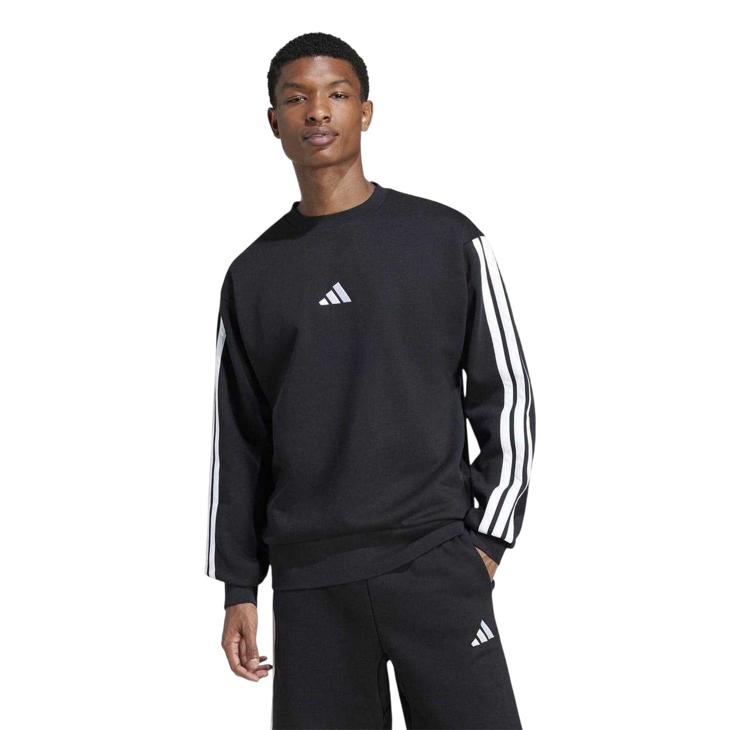 Black-White - Side - Adidas Mens Essentials 3 Stripes Fleece Sweatshirt