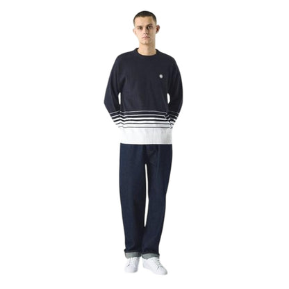 Navy - Side - Pretty Green Mens Striped Crew Neck Relaxed Fit Jumper