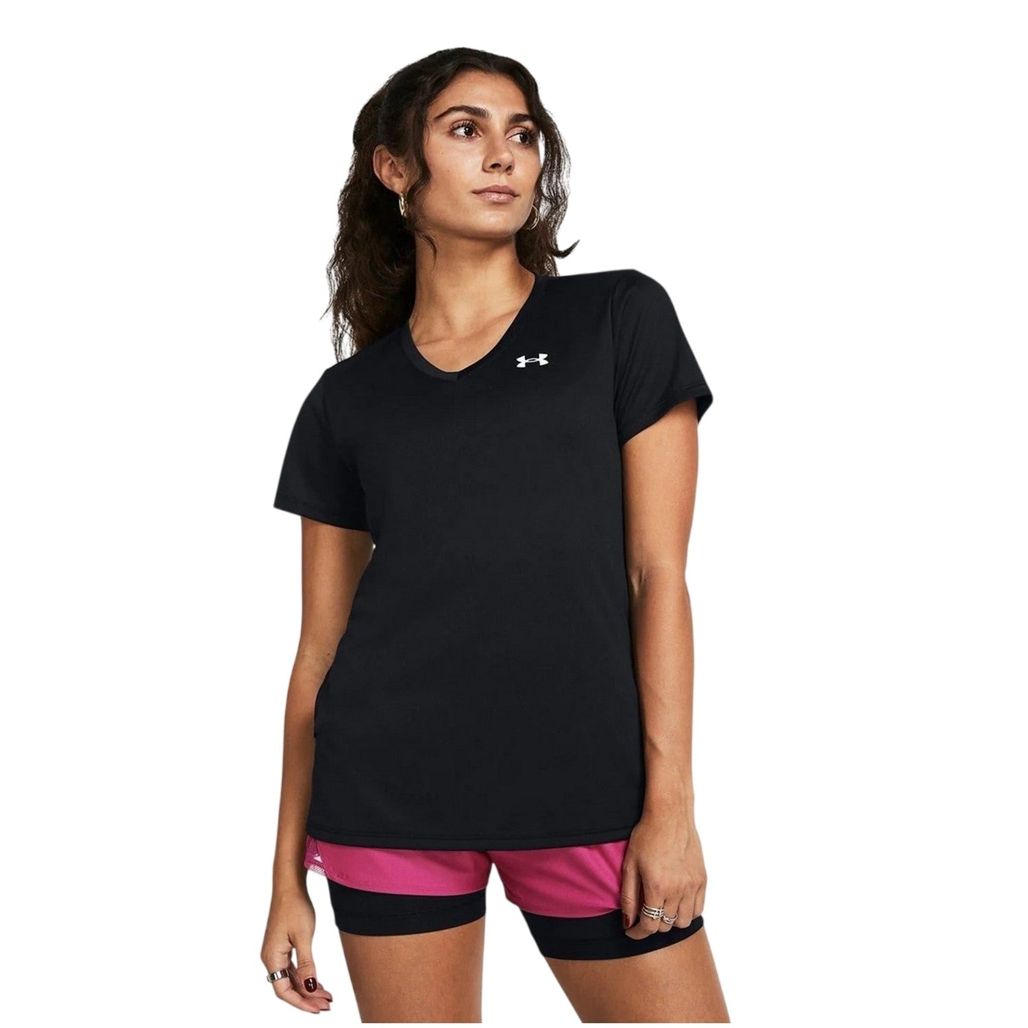 Black - Side - Under Armour Womens-Ladies V Neck T-Shirt