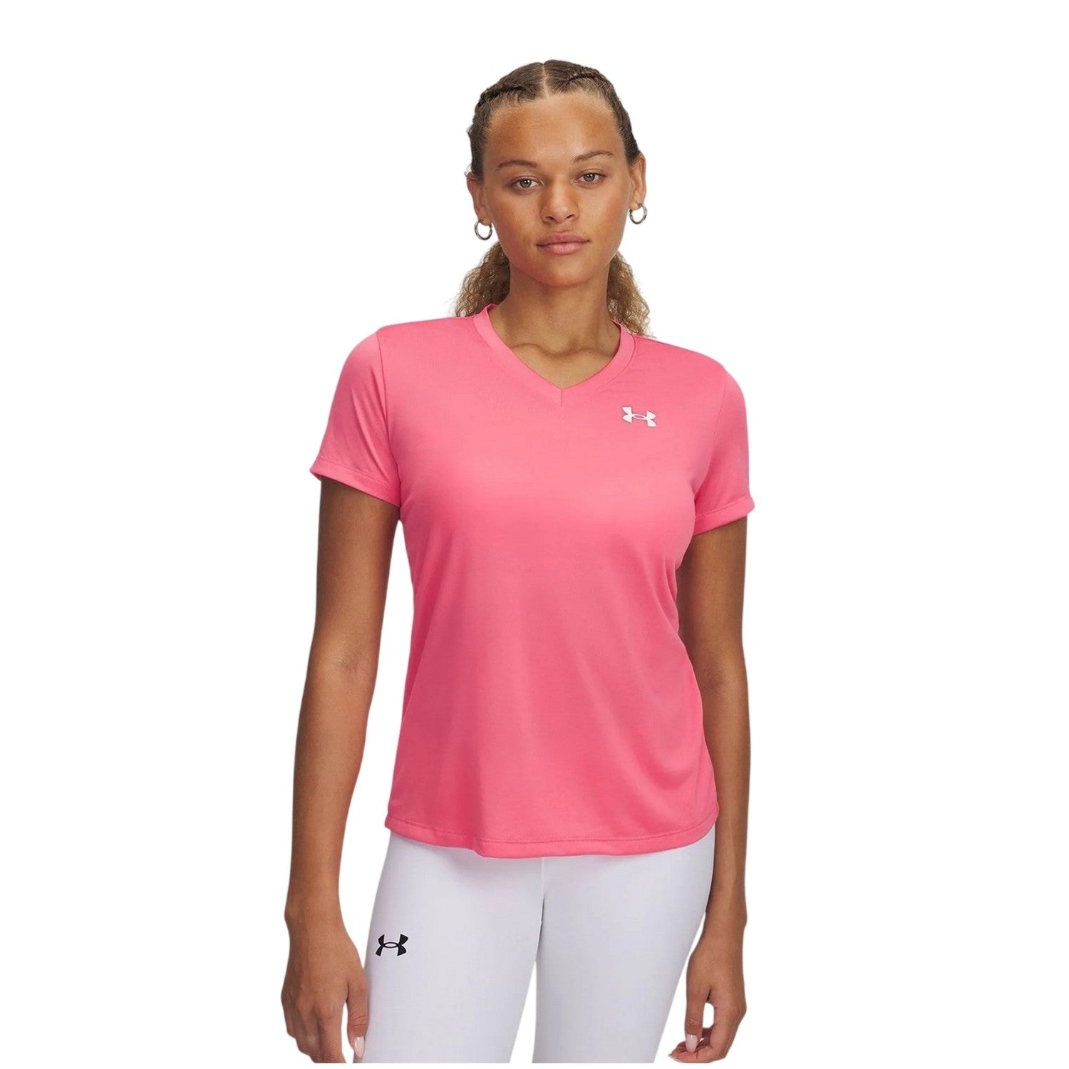 Super Pink - Side - Under Armour Womens-Ladies V Neck T-Shirt