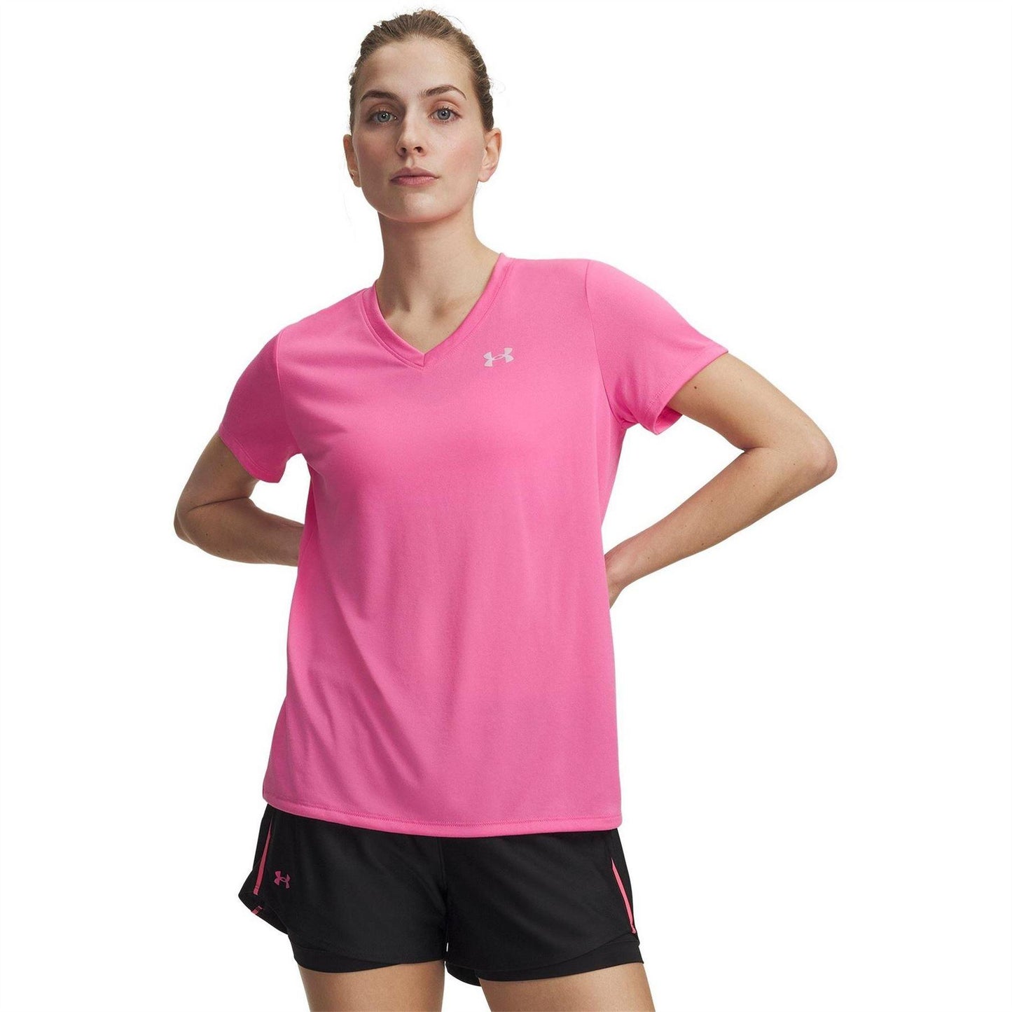 Pink - Front - Under Armour Womens-Ladies V Neck T-Shirt