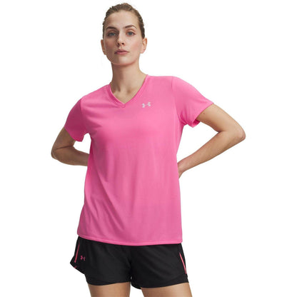 Pink - Front - Under Armour Womens-Ladies V Neck T-Shirt