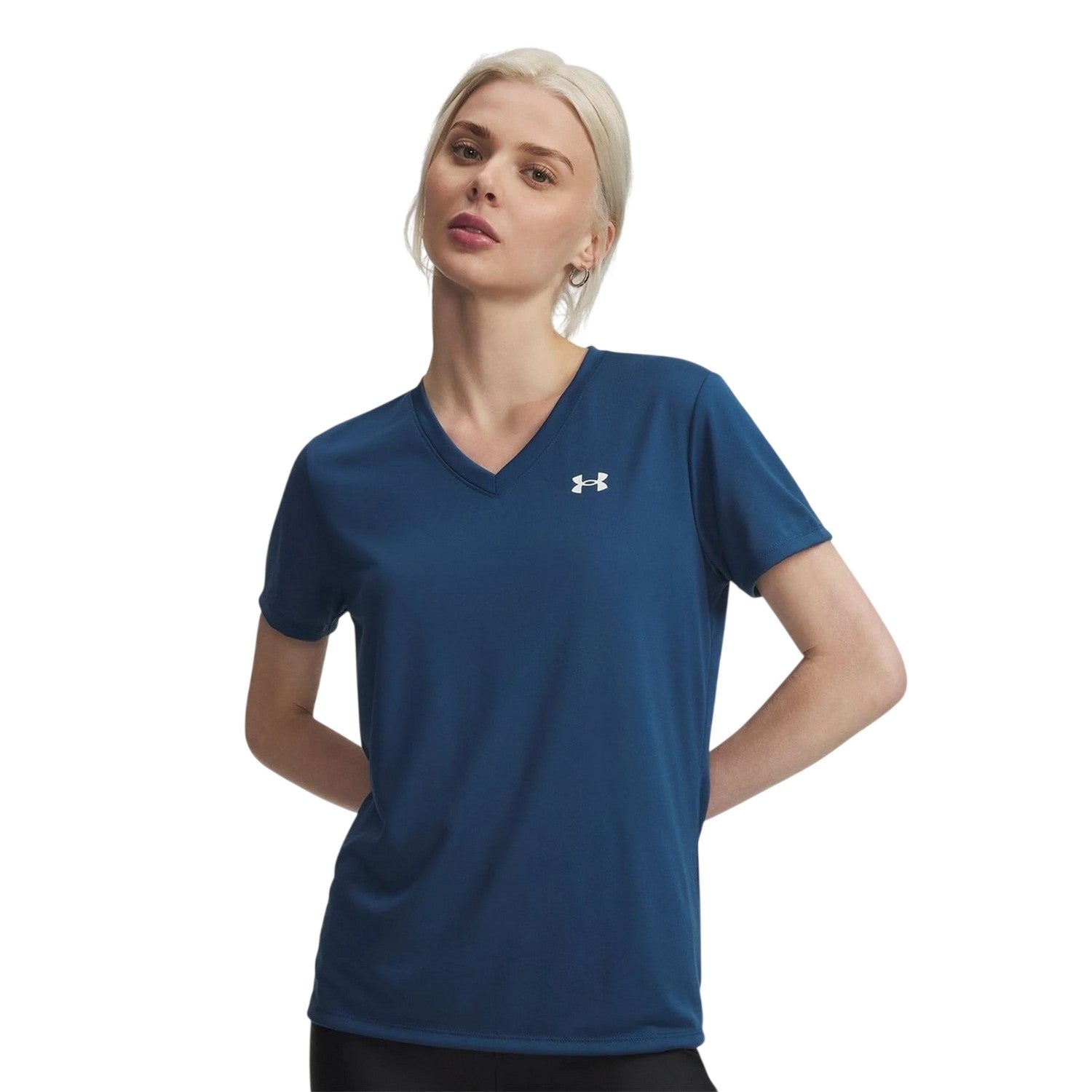 Blue-White - Side - Under Armour Womens-Ladies V Neck T-Shirt