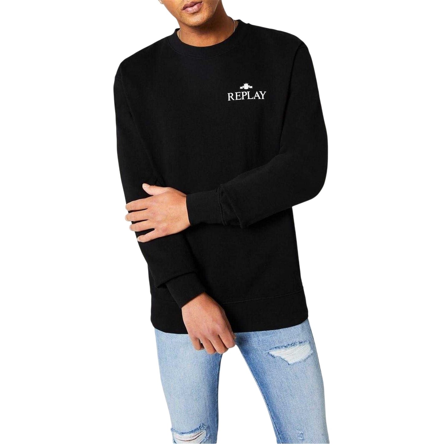 Black - Side - Replay Mens Logo Crew Neck Sweatshirt