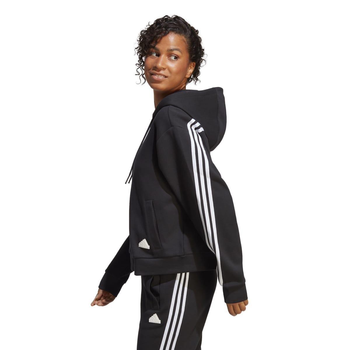 Black - Pack Shot - Adidas Womens-Ladies Future Icons Striped Full Zip Hoodie