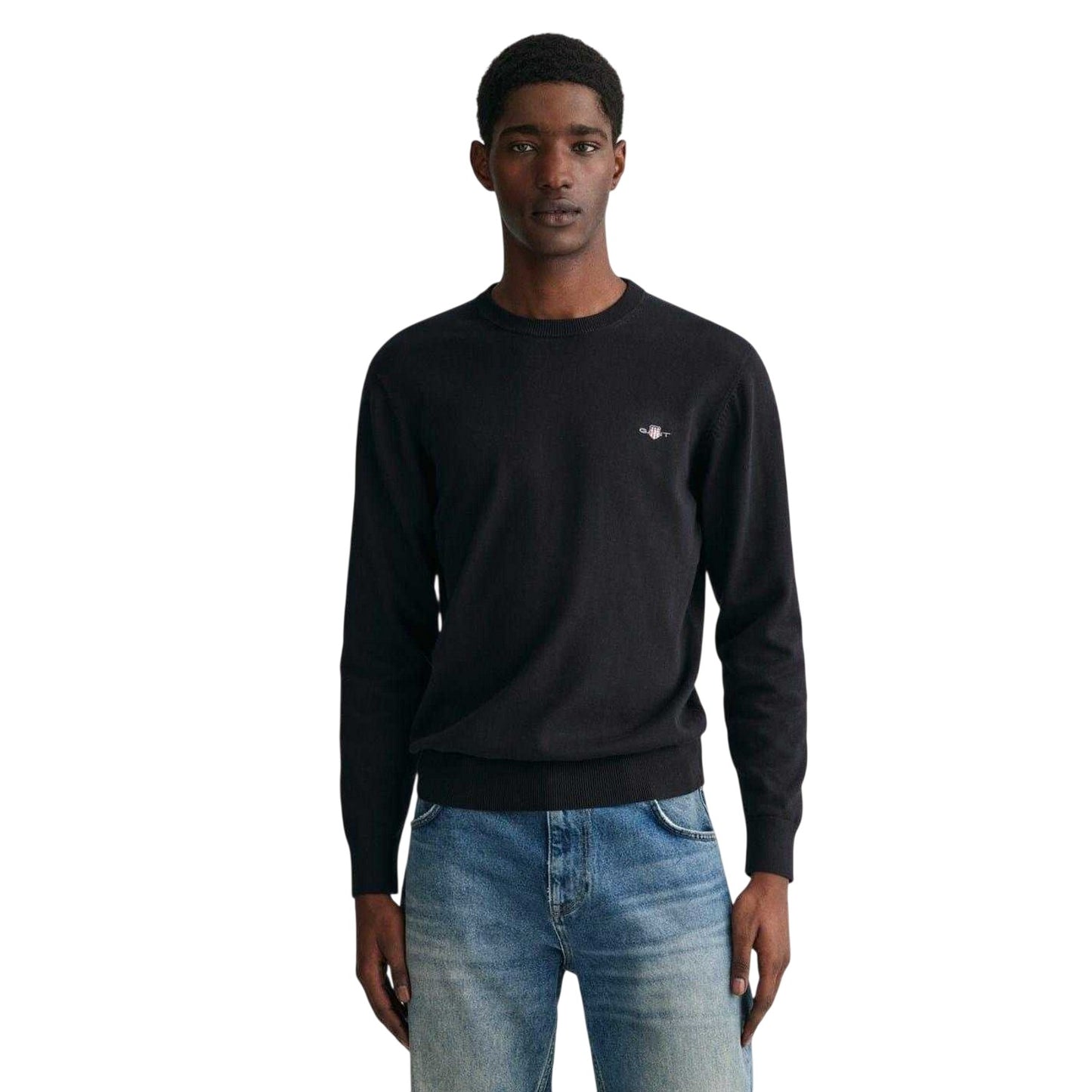 Black - Side - Gant Mens Cotton Crew Neck Jumper