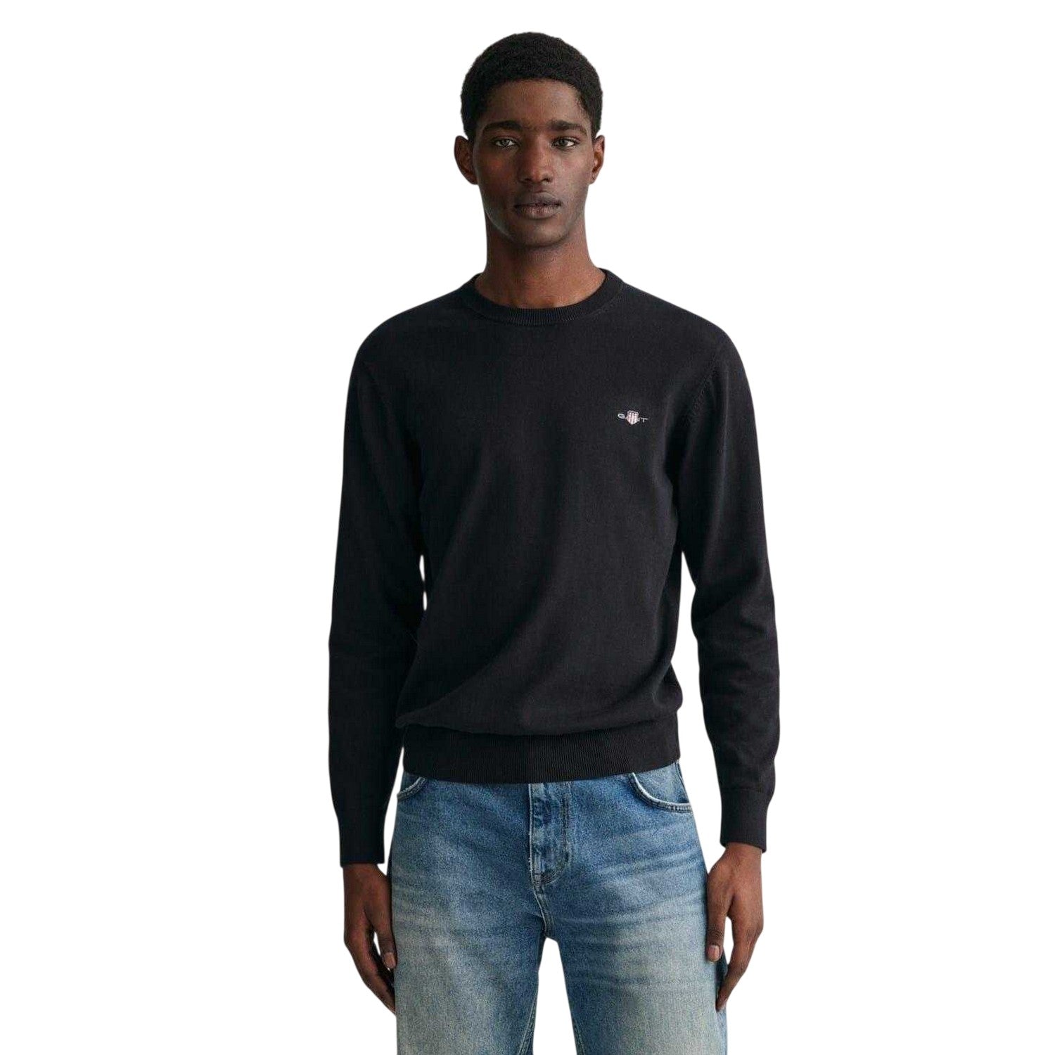 Black - Side - Gant Mens Cotton Crew Neck Jumper