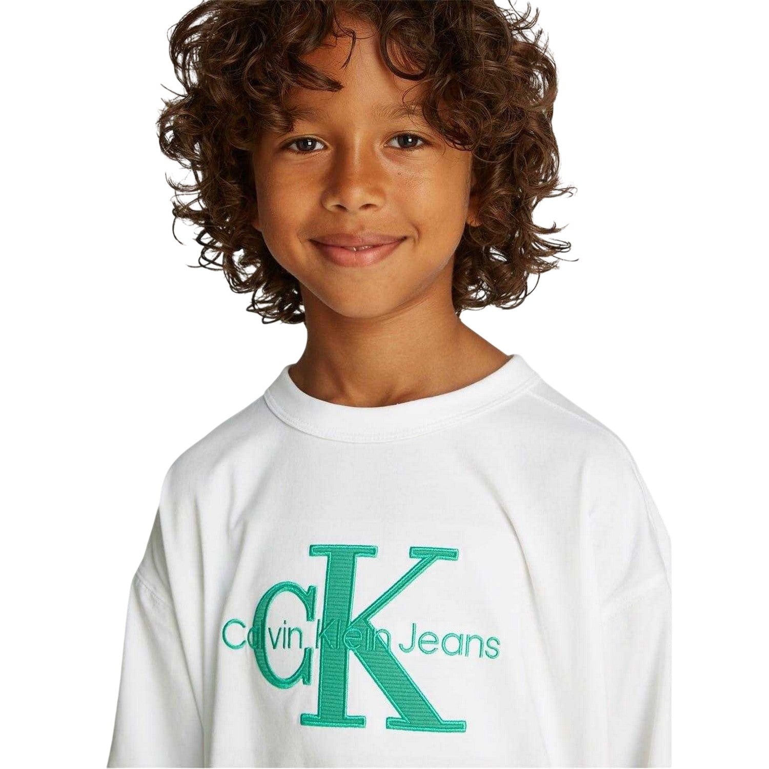 White - Side - Calvin Klein Childrens-Kids Jeans Appliqué T-Shirt