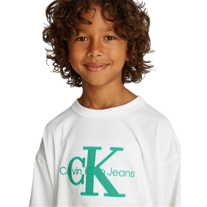 White - Side - Calvin Klein Childrens-Kids Jeans Appliqué T-Shirt
