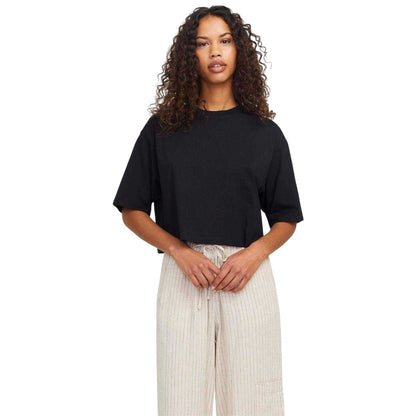 Black - Side - JJXX Womens-Ladies Plain Round Neck Loose Fit Crop Top
